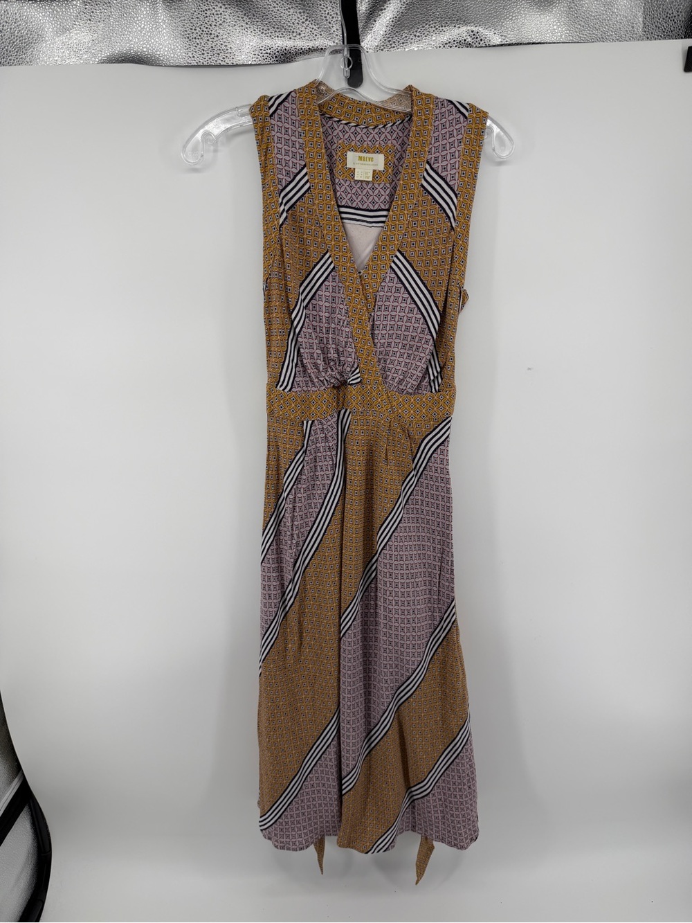 Maeve Whimsical Boho Art DecoSleeveless Mustard/Mauve Geometric Stripe Dress Sz4